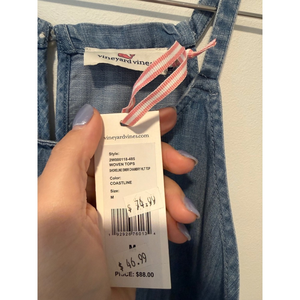 Vineyard Vines Shoreline Embroidered Chambray Halter Top Coastline Blue Womens M - Picture 2 of 3